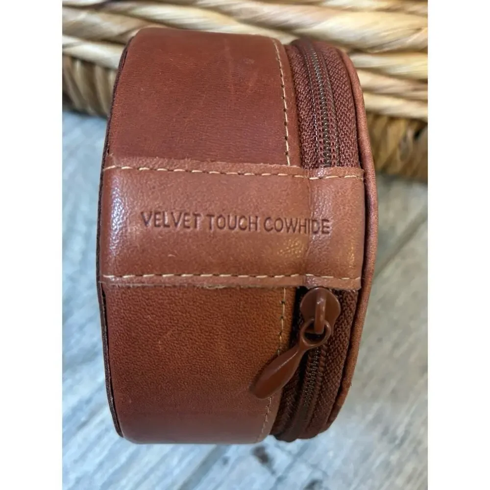 Vintage Dopp Buxton Leather Travel Jewelry Case Round Tan Deadstock 1980s